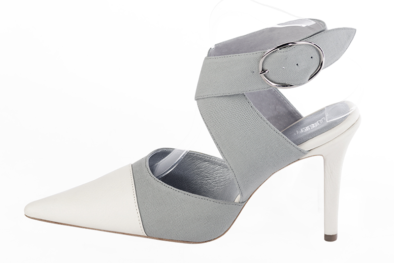Pure white and dove grey women's open back shoes, with crossed straps. Pointed toe. Very high slim heel. Profile view - Florence KOOIJMAN